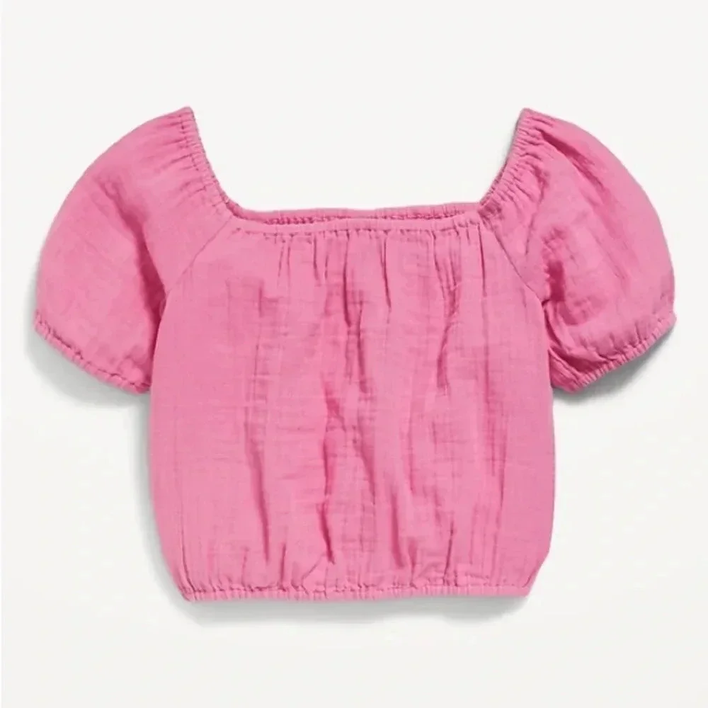 NWT new old navy Double-Weave Cropped Puff-Sleeve Top Girls XL 14-16 pink rose